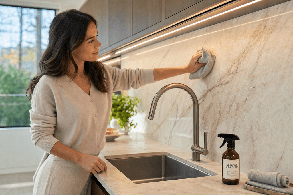 Welke onderhouds- en schoonmaaktips zorgen ervoor dat een natuursteen wandpaneel jarenlang mooi blijft in keuken of&nbsp;badkamer?