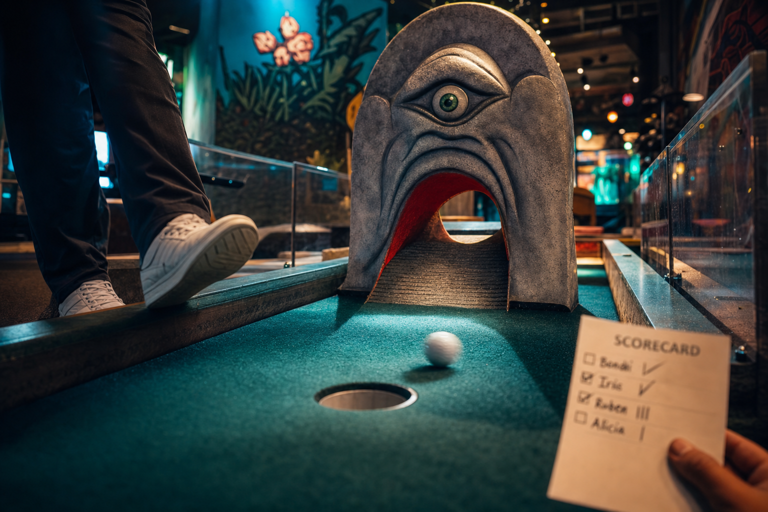Sfeervolle indoor midgetgolf setting
