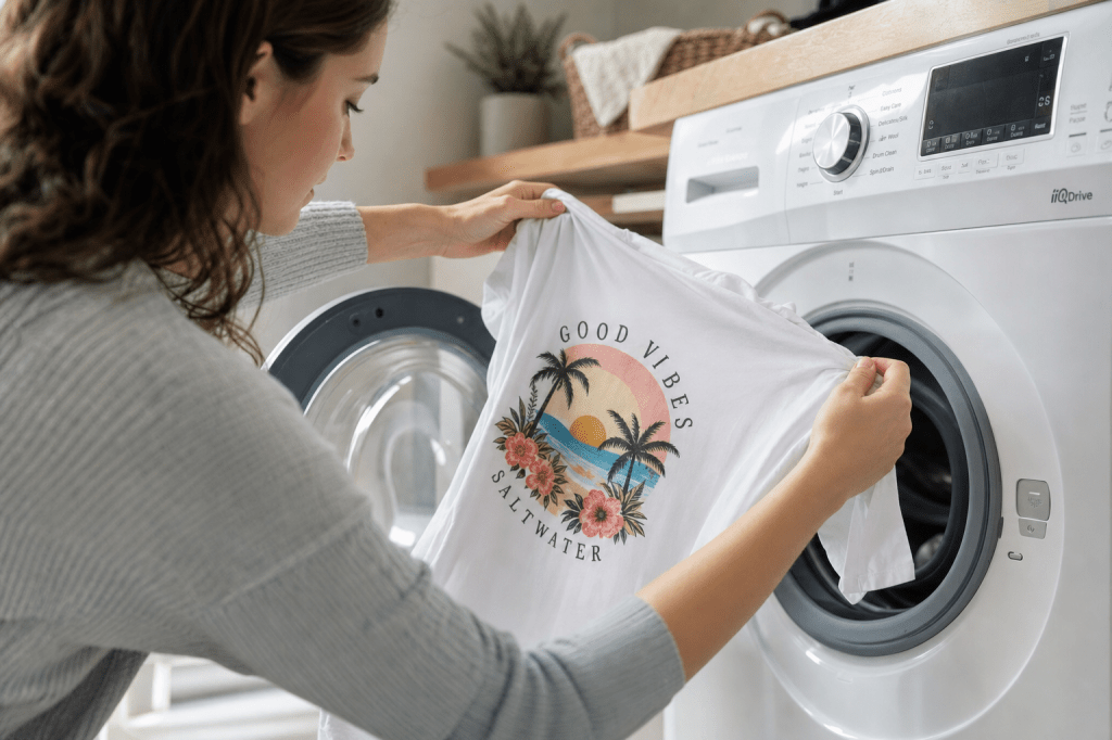 Hoe was je bedrukte kleding het beste zodat de opdruk zo lang mogelijk mooi blijft (temperatuur, binnenstebuiten, wasmiddel en&nbsp;drogen)?