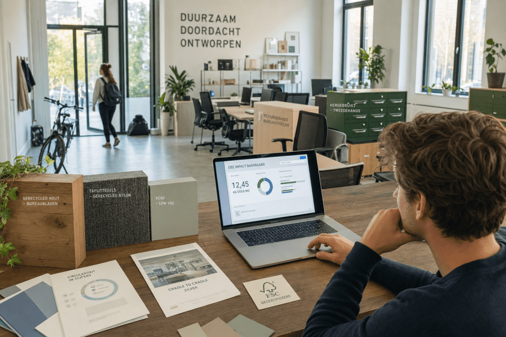 Hoe kun je met duurzame kantoorinrichting de CO2-impact van je werkplek meten en aantoonbaar verlagen, bijvoorbeeld via materiaalkeuzes, hergebruik en certificeringen?