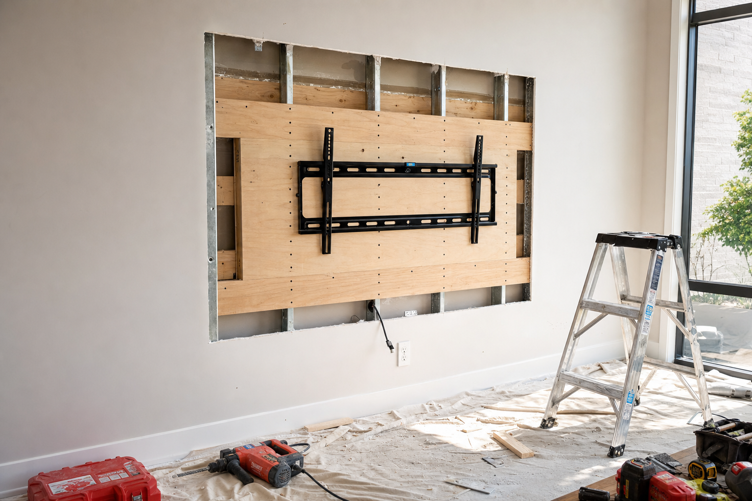 Montage stappen TV wandhalterung 85 zoll op hollewand