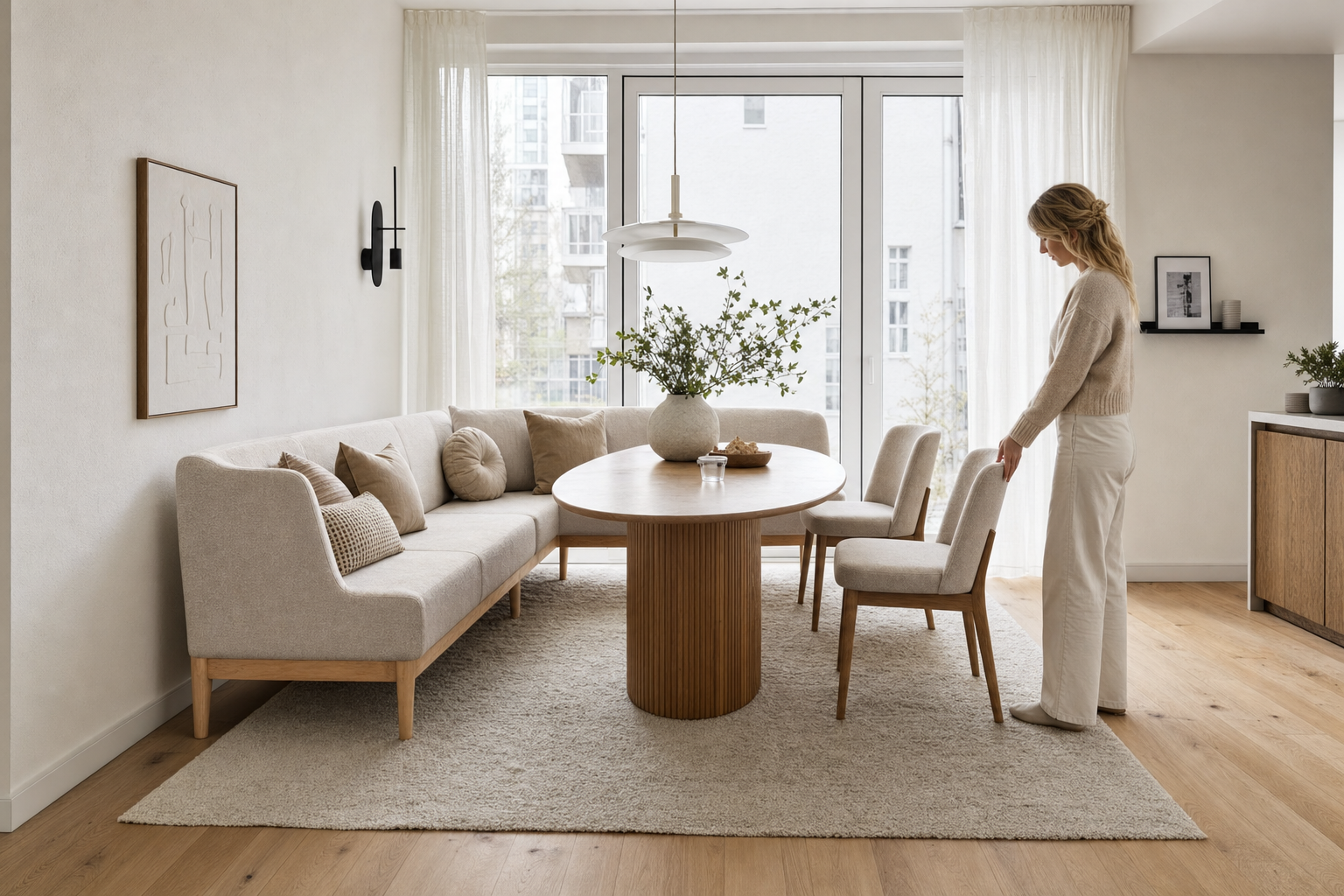Eetkamerbank hoek met stoelen in symmetrische opstelling