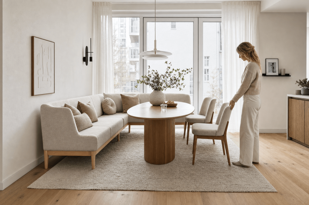Hoe combineer je een eetkamerbank hoek met stoelen aan de andere zijde zodat je een comfortabele, symmetrische eethoek krijgt zonder dat het krap&nbsp;aanvoelt?