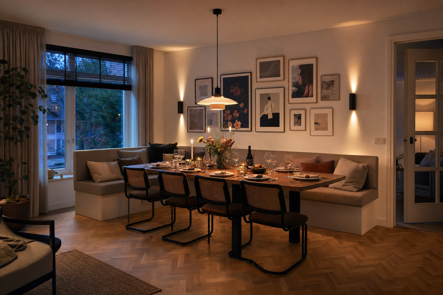 Symmetrische eethoek met bank en stoelen